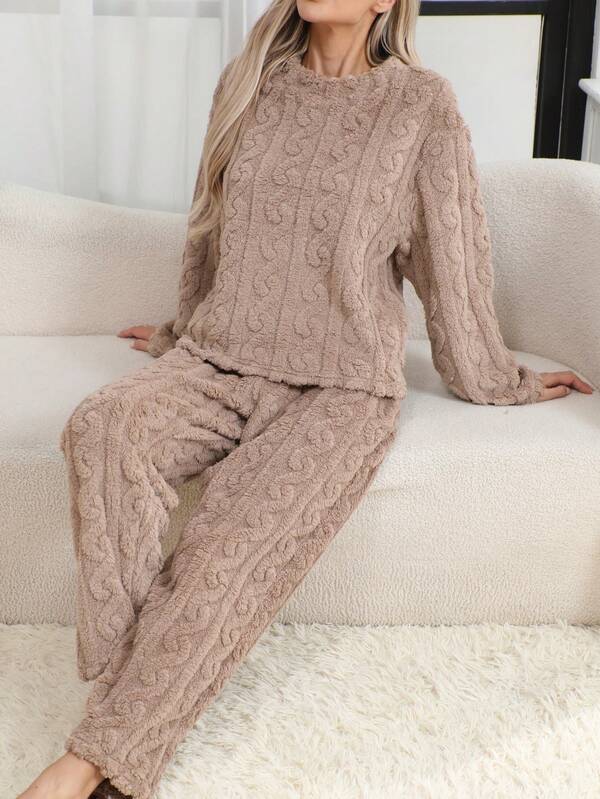 2 Stücke Damen Herbst/Winter Lässig einfarbiger Flanell Pyjama Set, gestreiftes Langarm-Oberteil und lange Hose, geeignet für Loungewear