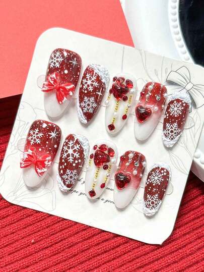 10pcs/Set Handmade Acrylic Press On Nails Mid-Length Oval Nails, Christmas Nails, Red Nails,Autumn And Winter Press Nails,White Snowflake, White Relief, Red Heart, Red Bow,Nail Supplies ,Fake Nails,Detachable Fake Nails, Nail Supplies Nail Art,Suitable For Party, Dance, Daily Wear, Student Party, Press-On And Reusable, With Jelly Glue And Nail File DIY Nail Supplies