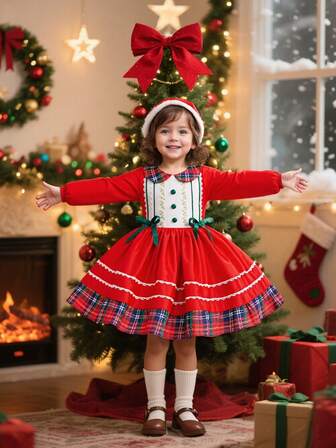 女婴圣诞长袖连衣裙红绿格子旋转连衣裙幼儿女孩圣诞新年假期生日连衣裙派对连衣裙