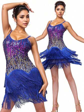 Latinamerikansk dansklänning med paljett och tofs, latinamerikansk cha cha-danstävling, uppträdandedräkt