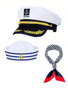 4 件套水手帽、眼镜和围巾组合、水手船长帽、6 片帽檐帽、派对道具、服装配饰 - 适合派对、舞台表演、护士帽、贝雷帽、情人节服装 - 白色 - 查看 7