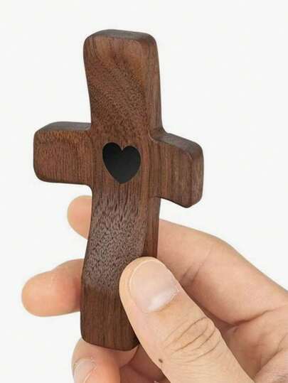 10pcs/5pcs/3pcs/1pc Wooden Cross Brooch, Religious Black Walnut Wood Thumb Cross Style Wooden Handhold Decoration, 5cm Solid Wood Small Hand Grip Stress Relief, Church Easter Decor, Keychain Pendant