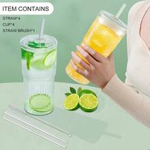 Glass Cups With Lids And Glass Straws High Borosilicate 20OZ Tumblers 2Pcs For Coffee Tea Juice Smoothies Hot/Cold Drinks At Home Office - 4 塊玻璃 - 查看 4