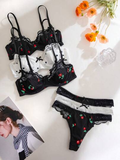 Set de 3 piezas de lencería femenina con copa delgada y sin aros, en unicolor y estampados de corazón, cereza y fresa