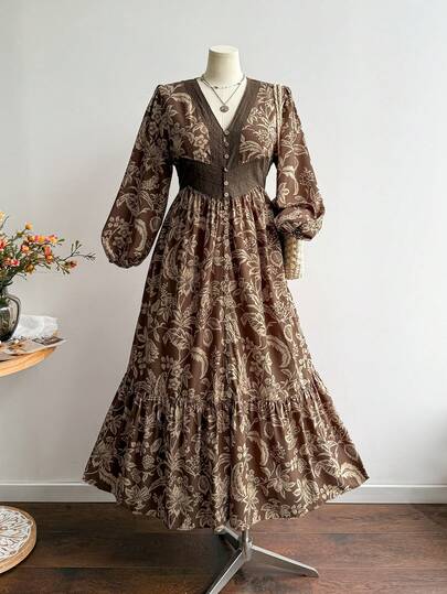 Rusttydustty Vestido maxi de mujer talla grande con cuello en V, estampado floral vintage, cintura alta, volantes, estilo bohemio para fiesta de té, vacaciones, Cyber Monday, Navidad, Día de Acción de Gracias, Año Nuevo