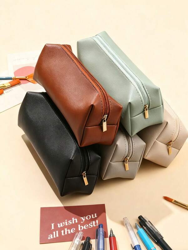 1pc PU Leather Pen Bag, Makeup Bag, Large Capacity Zipper Pencil Case, Multifunctional Stationery Storage Bag, Student School Organizer SuppliesConvenient Cosmetic, Back ToSchoolSchooSupplies, PencilPouch.School Bag, Storage Of Daily Necessities