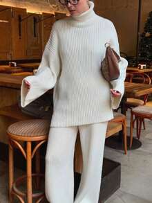 时尚简约高领罗纹针织毛衣和裤子两件套，套头毛衣搭配毛衣裤，适合秋冬季节，日常通勤，休闲聚会，旅行，保暖 - 米色 - 查看 6