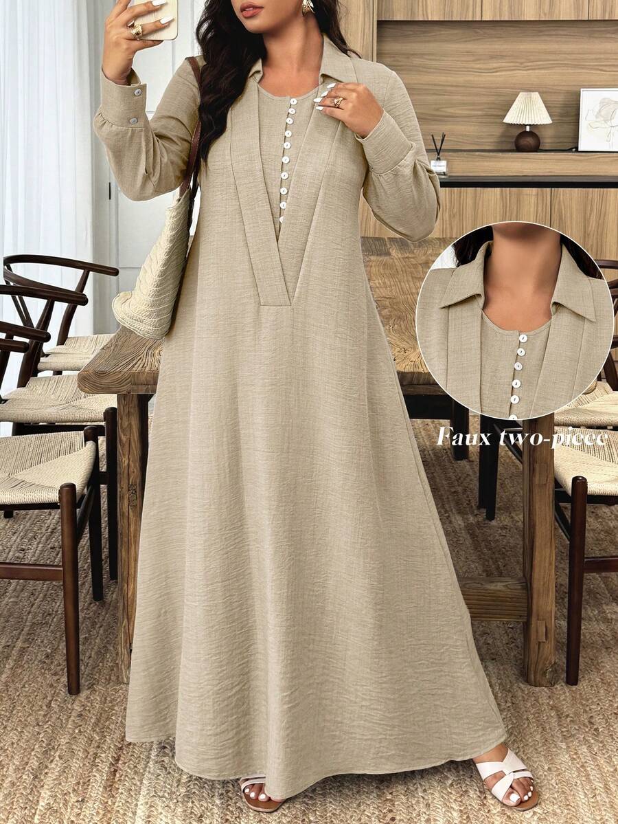 UrbanChic Waist Line Double Layer Placket Super Expansion Skirt Hemline Long Dress, Back To School, Going Out Outfits, Romantic Holiday Style, Summer Holiday Outfits, Weddings & Events, Going Out Outfits, Vacation Outfits Women, Beach Outfits For Women, Spring Break Outfits - Khaki - View 1