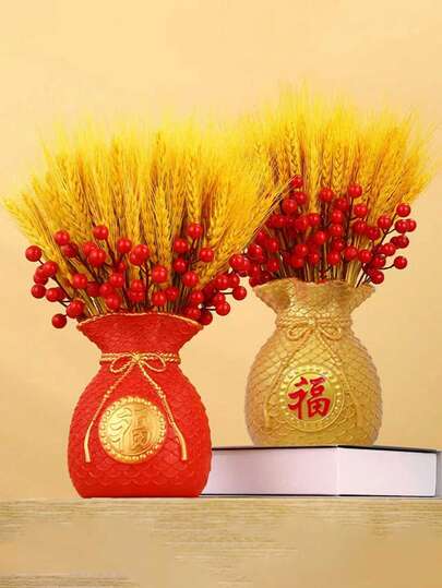 Um Ornamento Decorativo de Espigas de Trigo Douradas de Sala de Estar de Flores Secas Naturais de Cevada Dourada, Saco de Dinheiro da Fortuna Vermelha, Vaso de Flores de Bênção, Vaso de Arranjo Floral da Sorte do Festival, Feixe de Espigas de Trigo, Decoração de Festival de Plástico