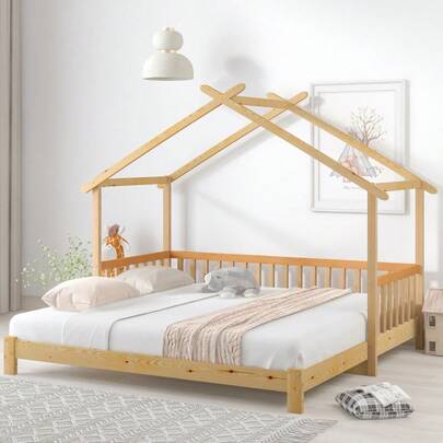Extendable Cabin Bed, House Bed, Children's Bed, Daybed, Single And Double Bed, Pure Solid Wood, Natural (200x90cm)