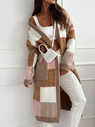 Women's Autumn/Winter Fashion Casual Elegant Knitted Cardigan Sweater Jacket, Long Sleeve Open Front Loose Long Windbreaker Plaid Patchwork Ribbed Comfortable Soft Warm Knitted Blend, Suitable For Girl, Outdoor, School, Daily, Office Vacation