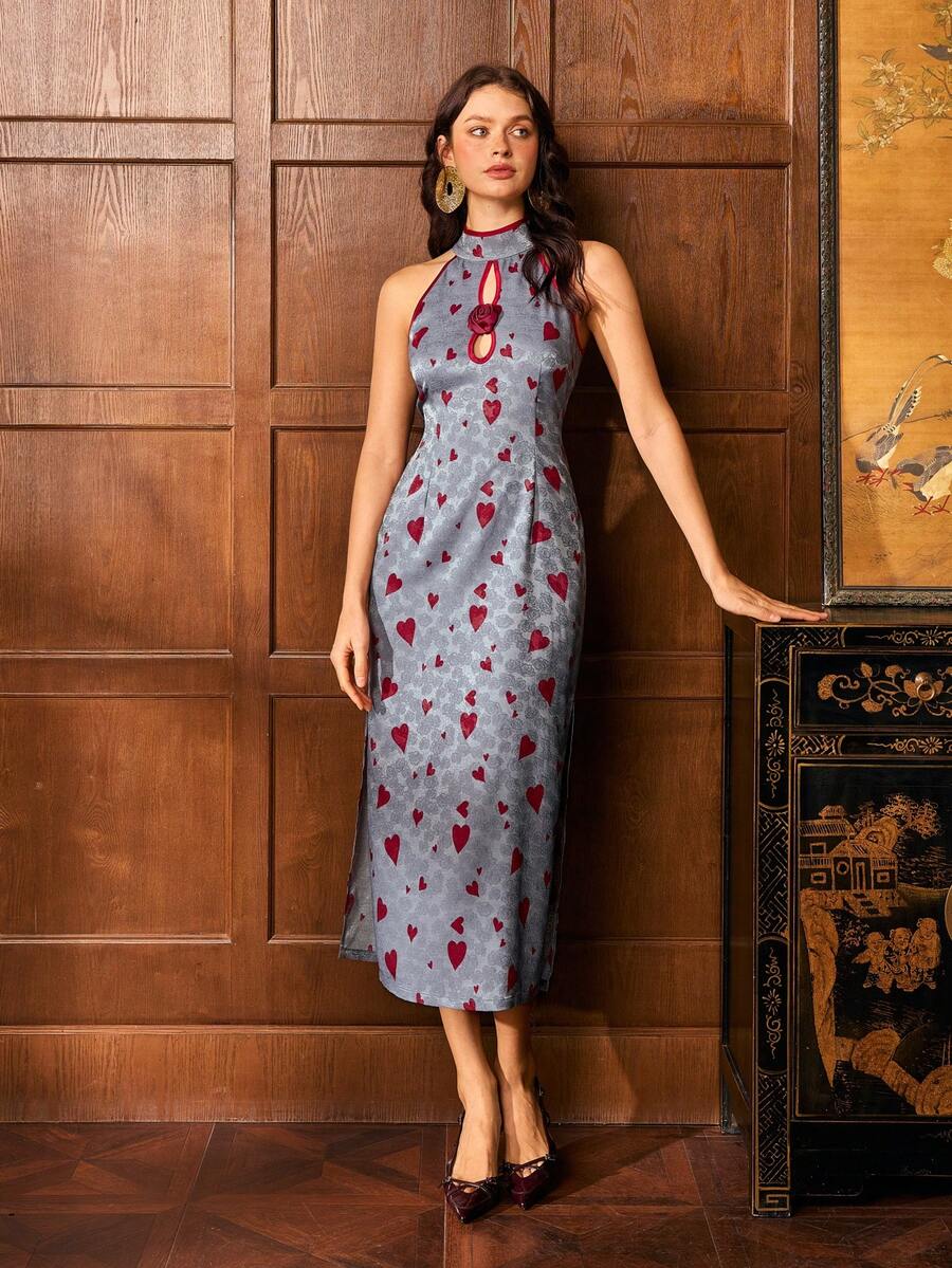 Faeriesty ​Women's New Chinese Style Cheongsam: High Neck & Sleeveless Design With Hollow-Out Neckline & 3D Floral Applique. Elegant Attire For Gala Dinners, Red Carpet Events, Wedding Receptions, Year-End Galas, And Formal Evening