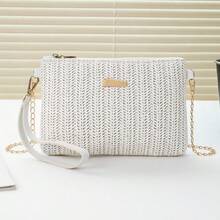 New Chain Straw Clutch Bag, Large Capacity Zipper Phone Pouch, Unique Woven Women Handbag - White - View 1
