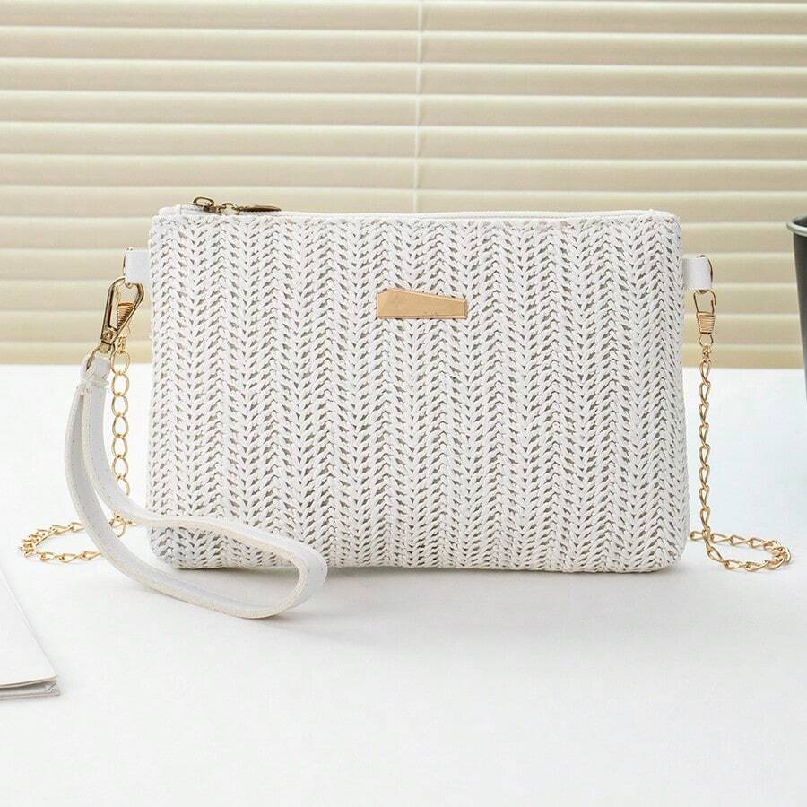 New Chain Straw Clutch Bag, Large Capacity Zipper Phone Pouch, Unique Woven Women Handbag - White - View 1
