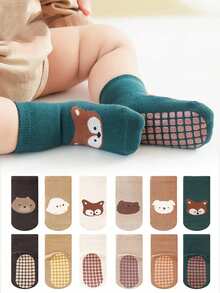 3 Pairs Random Mixed Color Cartoon Animal Pattern Baby Crawling Socks, Soft Bottom Anti-Slip Indoor Socks For Toddlers, Suitable For Daily Life - Multicolor - View 1