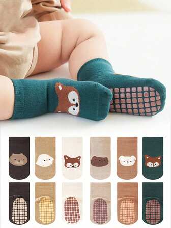 3 pares de calcetines para gatear de bebé con patrones de animales de dibujos animados de colores aleatorios, con suela blanda antideslizante para uso en interiores, adecuados para la vida diaria