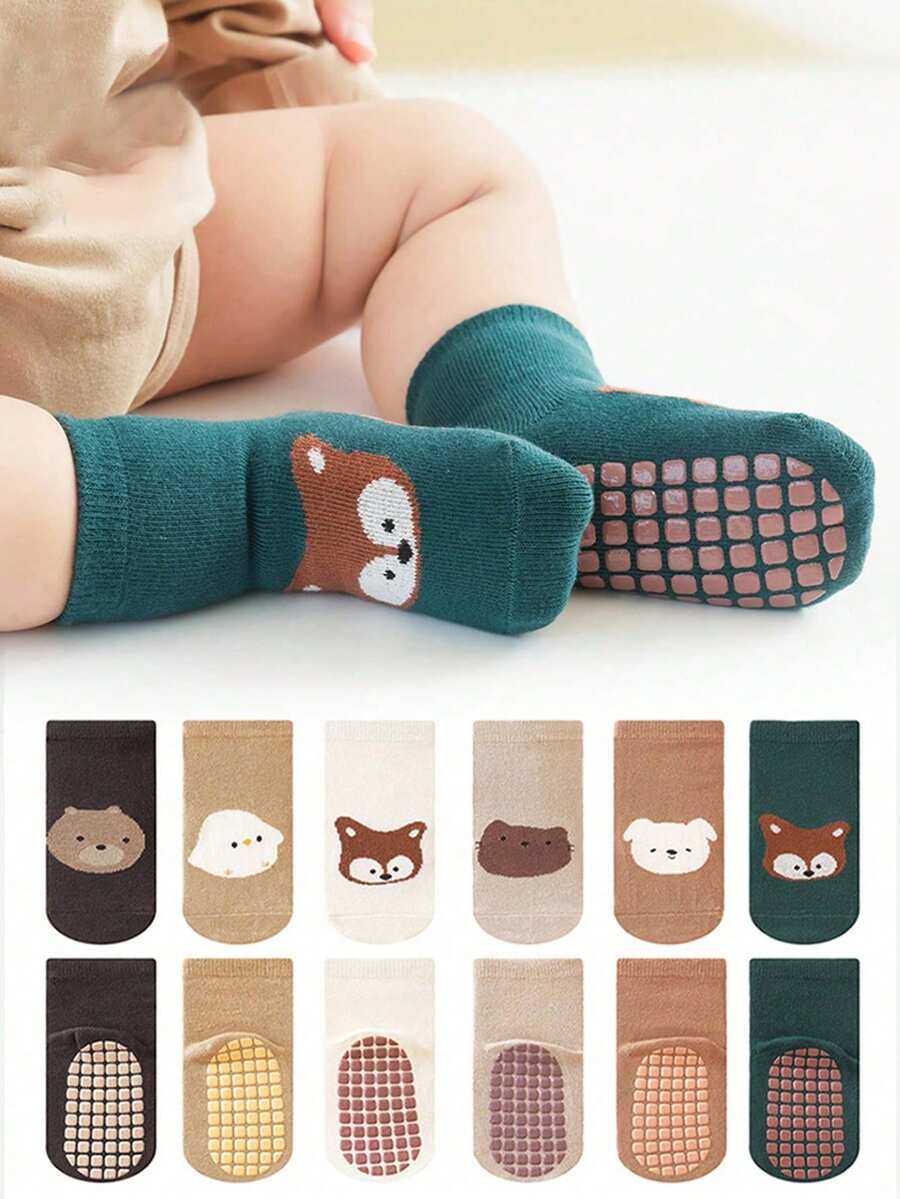 3 Pairs Random Mixed Color Cartoon Animal Pattern Baby Crawling Socks, Soft Bottom Anti-Slip Indoor Socks For Toddlers, Suitable For Daily Life - Multicolor - View 1