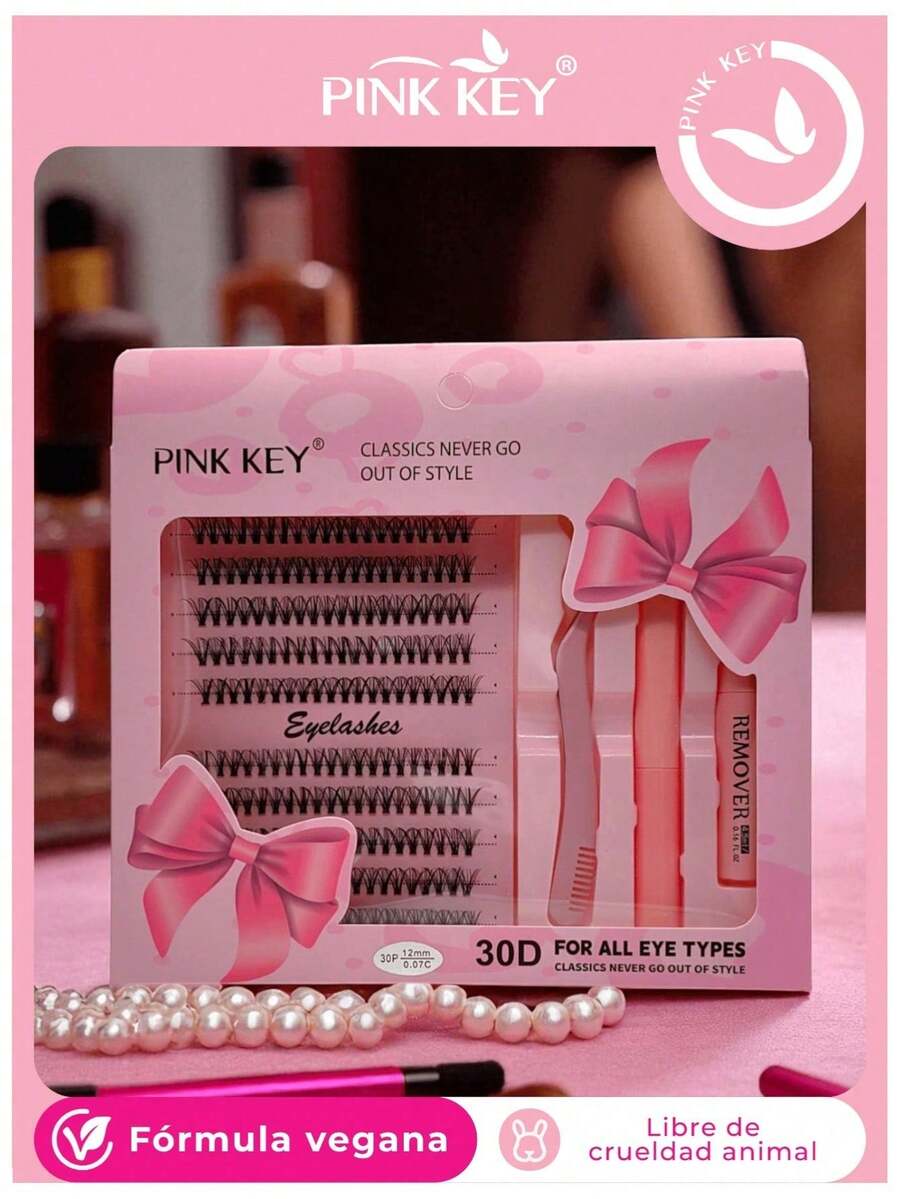 PINK KEY Kit de Pestañas De 0.12mm De 30D de Hada Pestañas Naturales Banda Invisible 200 pzs Pestañas Manga Individuales con Kit de Extensión de Pestañas Fácil de Remover - Negro - Ver 1