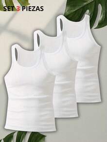 Kit de 3 camisetas de tirante ancho, clásicas y casuales para mujer, tela de poliéster y elastano, ideales para temporadas de primavera y verano. Diseño ajustado, cuello redondo, sin mangas, muy ligeras y cómodas. - Blanco - Ver 1