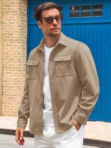 Mens Shirt Jacket Long Sleeve Button Down Casual Shacket Lightweight Thermal Shirts With Pocketshalloween - 卡其色 - 查看 3