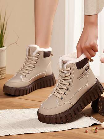 1 Pair 2025 New High-Top Thermal Lined Boots, Thick Sole Casual Warm Street Style, Suitable For Teen Outdoor Leisure, Minimalist Fashion