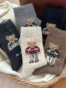 5 Pairs Women's Winter Mid-Calf Socks - Comfortable & Warm, Teddy Bear & Mushroom Lining, Machine Washable, 5 Colors (Brown/Grey/Black), Suitable For Casual & Formal Occasions, Cute Animal Pattern Design, Warm & Cozy, Plush Material, Must-Have For Sock Lovers, 10 Pairs/2 Pairs Christmas Gift - Multicolor - View 3