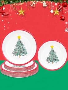 10 piezas/20 piezas/50 piezas Juego de vajilla navideña con platos de papel con árbol de Navidad verde, platos de postre/pastel de 7 pulgadas lindos, platos de cena de 9 pulgadas hermosos para fiestas de Navidad, suministros y decoración de fiesta de invierno y Navidad