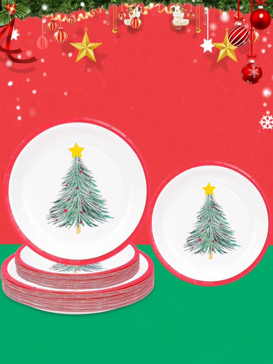 10 piezas/20 piezas/50 piezas Juego de vajilla navideña con platos de papel con árbol de Navidad verde, platos de postre/pastel de 7 pulgadas lindos, platos de cena de 9 pulgadas hermosos para fiestas de Navidad, suministros y decoración de fiesta de invierno y Navidad