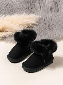 儿童保暖内衬冬季鞋，2025冬季新款女童毛绒户外雪地靴，幼儿保暖防滑平底踝靴 - 黑色 - 查看 6