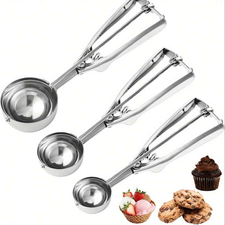 1/3pcs Three Sizes Of Stainless Steel Ice Cream Scoops, Cookie Scoops, Dough Scoops, Baking Stainless Steel Spoons With Buckle Release Function, Suitable For Cupcakes, Ice Cream, Muffins, Meatballs, Melon Balls