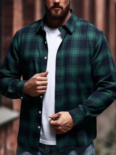 男士毛绒格子长袖衬衫厚款休闲商务新款绿色秋冬