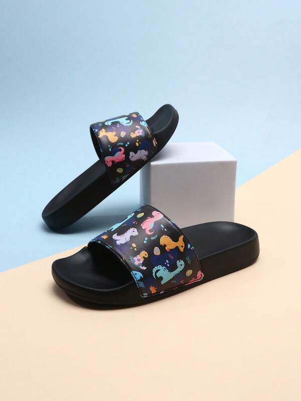 1 Pair Kids' Colorful Cartoon Dinosaur Slippers, Cute Indoor/Outdoor Non-Slip Breathable Casual Flip Flops