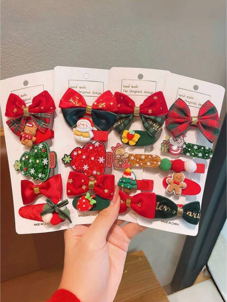 5pcs Kids Cute Cartoon Bowknot Side Clip Hair Accessories, Fashionable Hairpin For Christmas Party, Girls