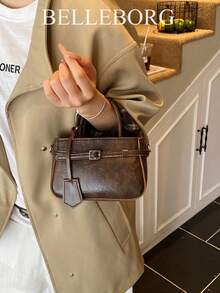 Casual Colorblock Textured Versatile Commute Vintage Canvas Strap Buckle Women's Small Square Handbag - Coffee - View 4