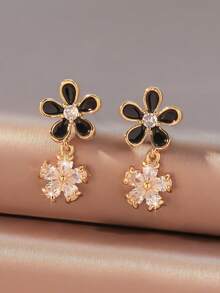 1 Pair Elegant Black Flower Stud Earrings, Featuring Sparkling Zirconia Stones And Glazed Design, Minimalist Versatile Black Earrings For Holiday Party, Women Jewelry Gift