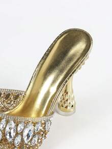 大码女式尖头菠萝形金属高跟鞋,时尚舒适,水钻装饰高跟凉鞋适合日常穿着、购物、派对、婚礼 - 金色 - 查看 7