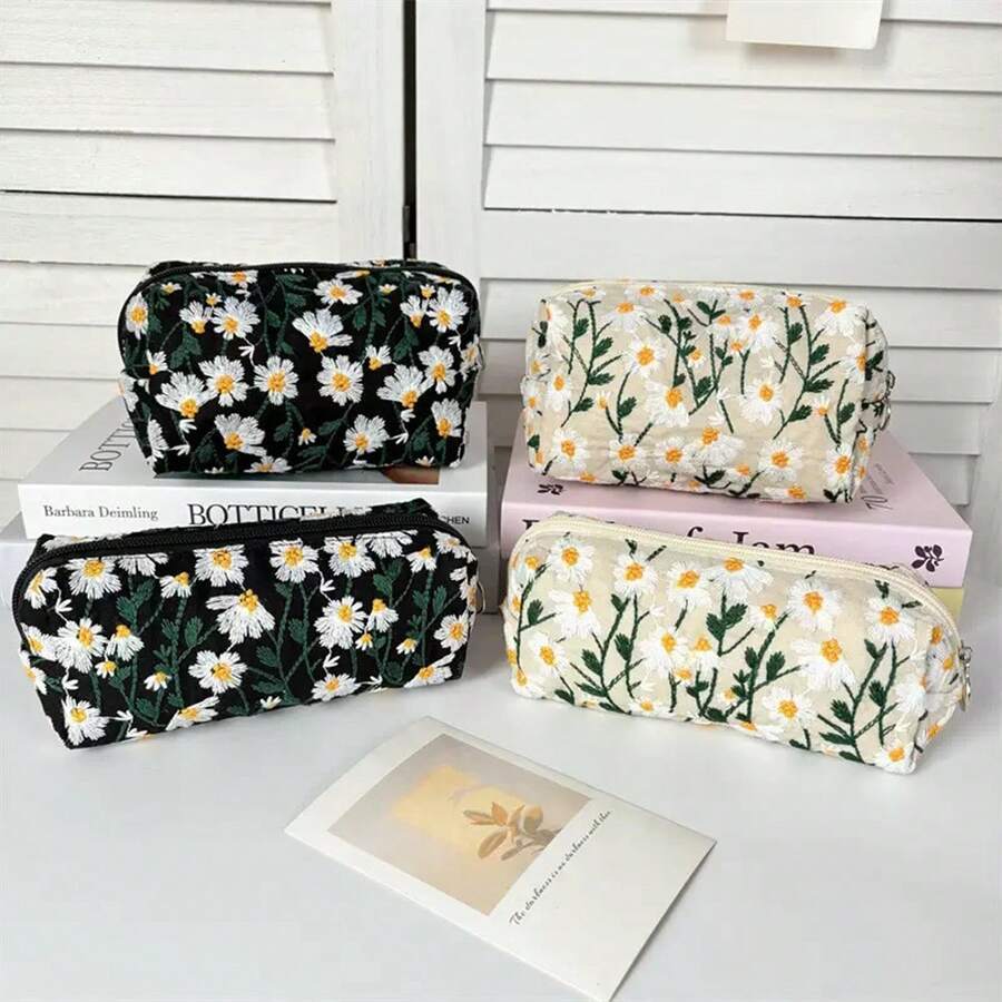حقيبة مستحضرات التجميل المطرزة بالأقحوان الجديدة، حافظة سفر محمولة، قابضة ذات سعة كبيرة بتصميم زهري منمنم بسيط