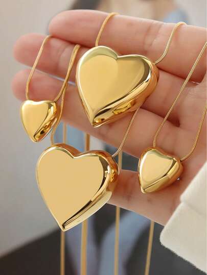 1pc 18K Gold Plated Stainless Steel Heart Pendant Necklace, Simple Daily Accessory, Birthday/Holiday Gift