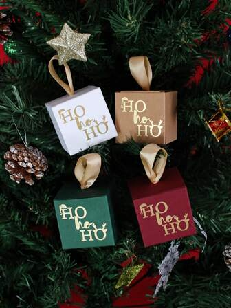 10pcs Christmas Favor Boxes With Gold Foil Ho Ho Ho Print, Hanging Tree Ornament Gift Boxes With Ribbon Handle, White Brown Candy Cookie Chocolate Packaging, Holiday Party Treat Bags For Kids Adults, Wedding Classroom Gift Exchange