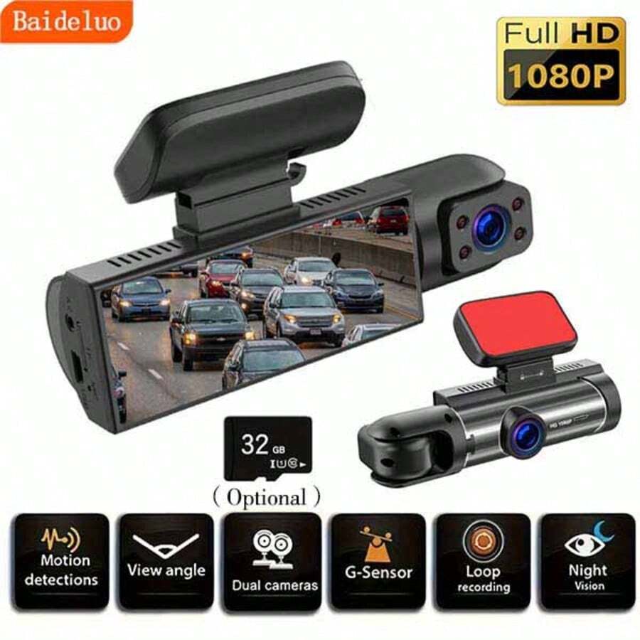 黑色 ABS 全高清 1080P 双镜头行车记录仪，3 英寸屏幕，广角镜头，循环录制，高清夜视，增强道路安全，适用于 12-24V 车型，带 32GB 存储卡（可选） - 銀色 - 查看 1