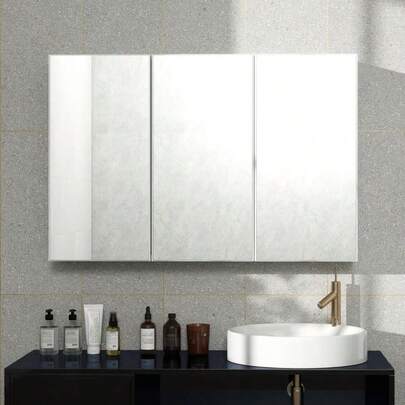 fangange Mobiletto da bagno con specchio e 3 ante, moderno mobiletto portamedicinali da parete, 90 x 15,5 x 60 cm, MDF, bianco