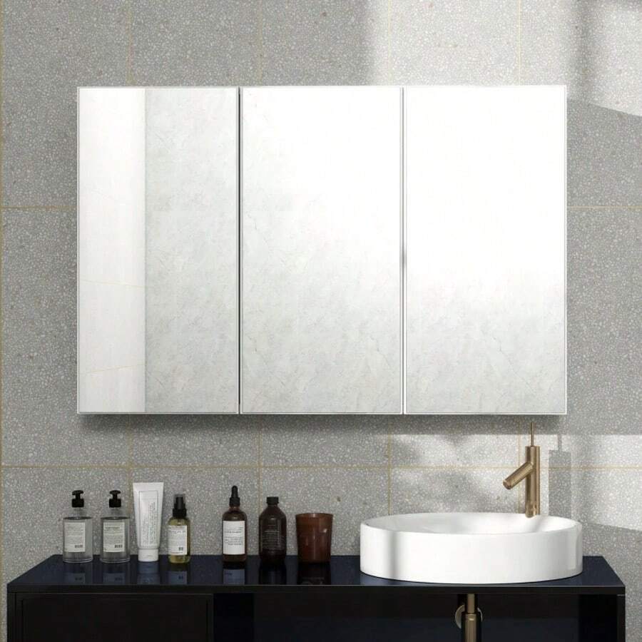 fangange Mobiletto da bagno con specchio e 3 ante, moderno mobiletto portamedicinali da parete, 90 x 15,5 x 60 cm, MDF, bianco