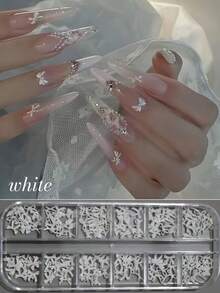 12pcs Cream Bow Nail Art Decorations, Cute White, Pink, Purple Bows With Bow Ribbons, Delicate French Style Nail Decor, DIY Rhinestone Nail Accessories, Nail Salon Supplies, Nail Art Jewelry, Nail Gems