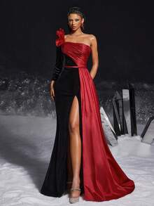 VIPGIRL Elegant Red And Black One-Shoulder High Slit Dress, Floral Shoulder Decor, Women's Formal Ball Gown, Evening Dress - Black - View 3