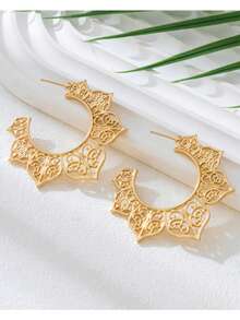 2 piezas Pendientes de aro con diseño floral hueco vintage, diseño exagerado, pendientes de moda versátiles para mujeres, adecuados para uso diario y reuniones