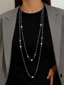 1pc Vintage Bohemian Faux Pearl Tassel Sweater Chain Necklace, Double Layer Long Necklace