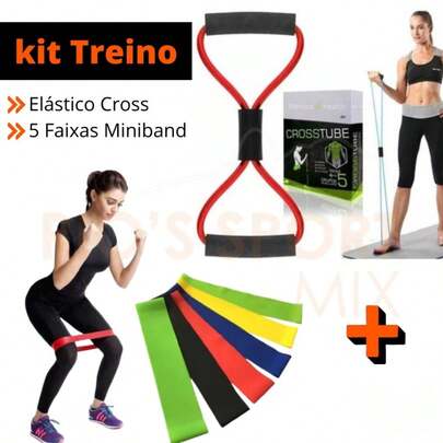 Kit 5 Faixas Mini band + Elástico Cross Tube Treino Academia