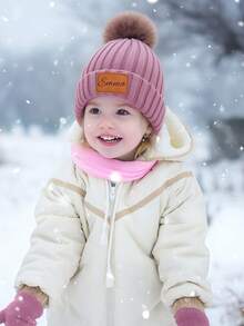 Personalized Kids Knitted Beanie Hat With Single Pom Pom, Multi-Color Options, Leather Label For Engraving, Suitable For Older Children, Winter Outings, Family Gatherings, Etc.