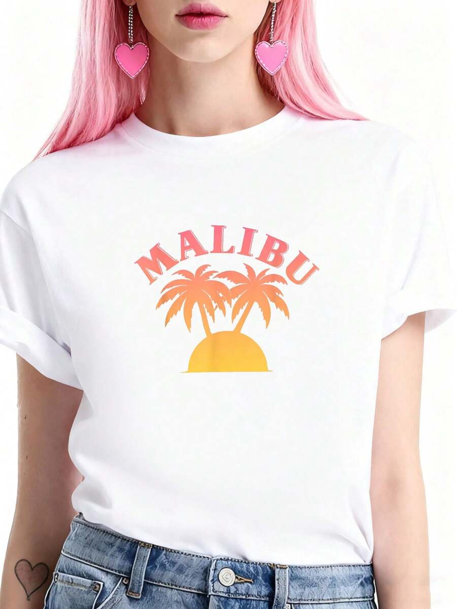 Malibu Sunset - California - Aesthetic Design - Classic-Shirt Crew Neck Art White Unisex-Shirt Women And Men - 白色 - 查看 1