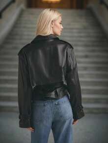 Women's Leather Jacket Belt Waist Cinching Slim Fit Fashion New Short Jacket Leather Jacket - 黑色 - 查看 3